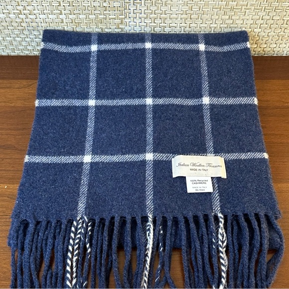 NWOT Navy Blue Window Pane Recycled Cashmere Scarf Italian Woolen Treasures - Picture 1 of 7